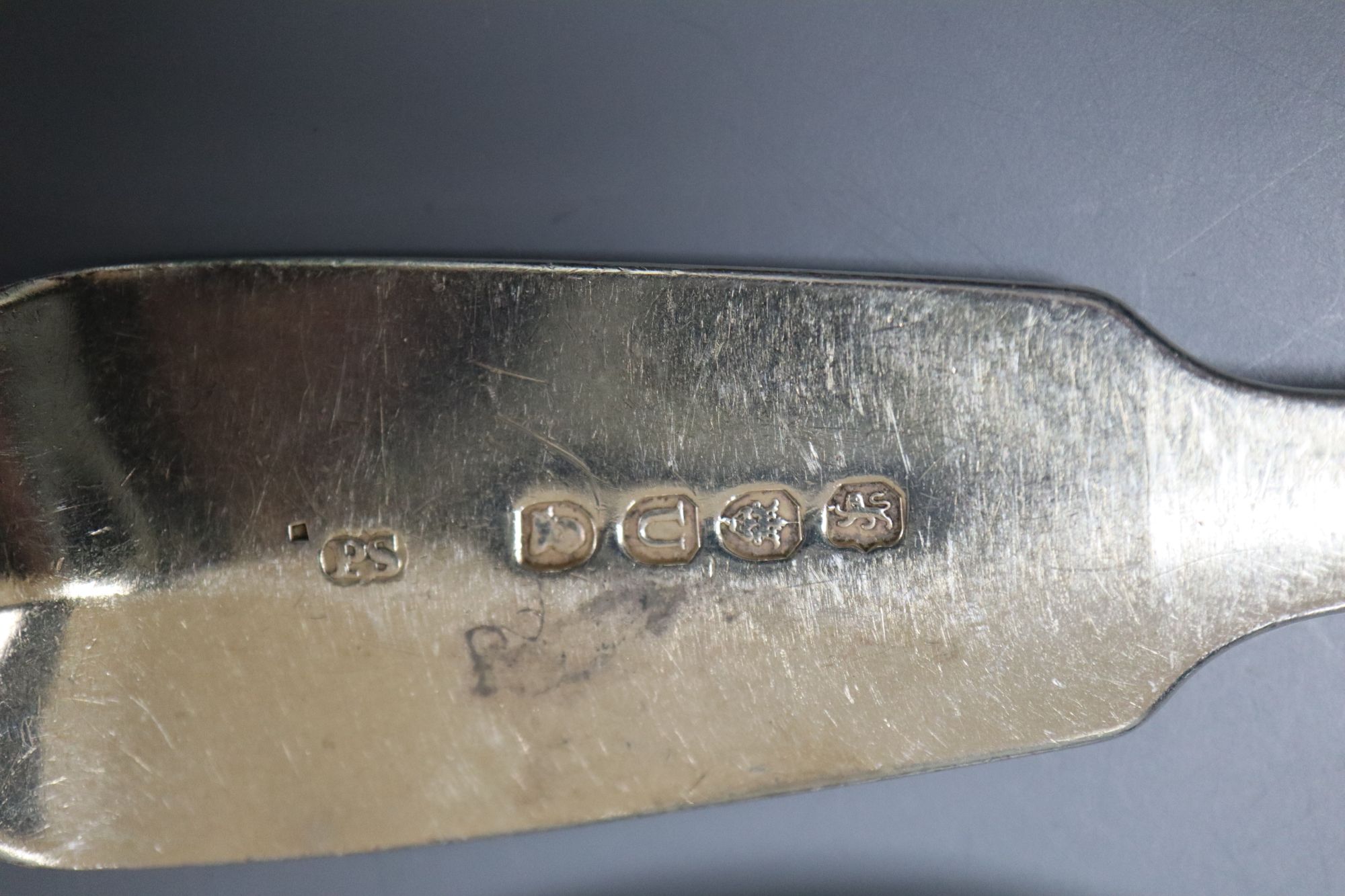 A pair of George III silver fiddle pattern table spoons by Paul Storr, London, 1815, 22cm, 5 oz.